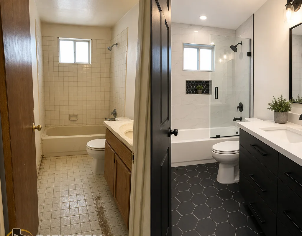 Before-and-after open living area with new flooring, updated baseboards, fresh paint, and improved lighting