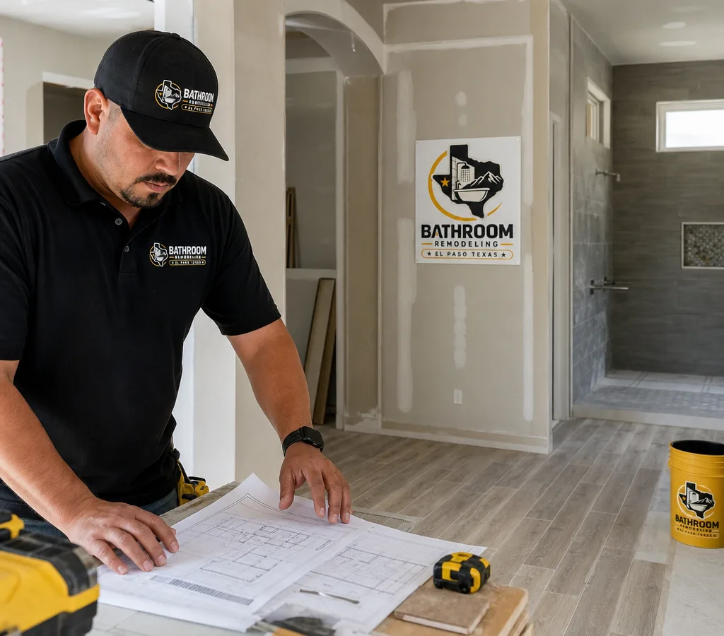 El Paso home interior mid-remodel with protected floors, new recessed lighting, fresh drywall, and a contractor reviewing plans with a homeowner