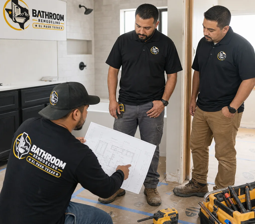 Remodeling crew reviewing renovation plans in an El Paso home with protected floors, neatly staged tools, and partially finished framing