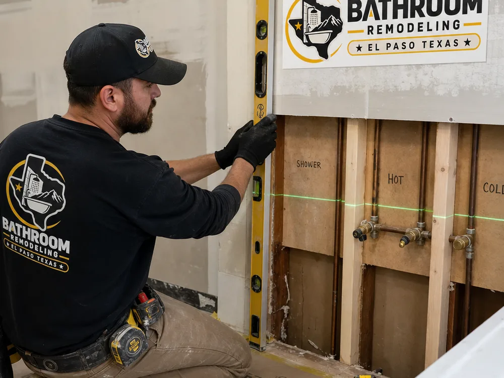Mid-remodel interior with new drywall seams, leveled subfloor preparation, labeled material stacks, and a contractor measuring for trim alignment