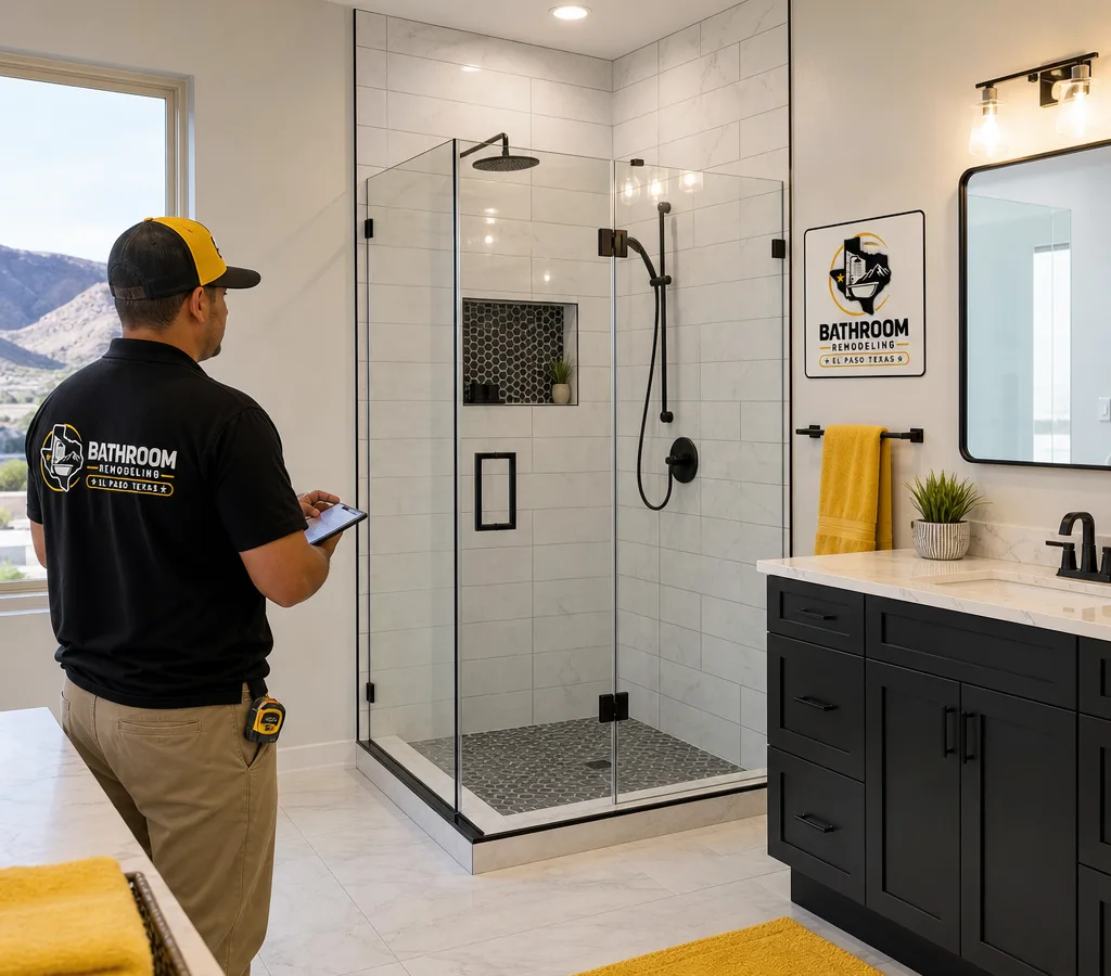 Bright modern remodeled bathroom in an El Paso home with a walk-in shower, tiled walls, updated vanity, and clean grout lines