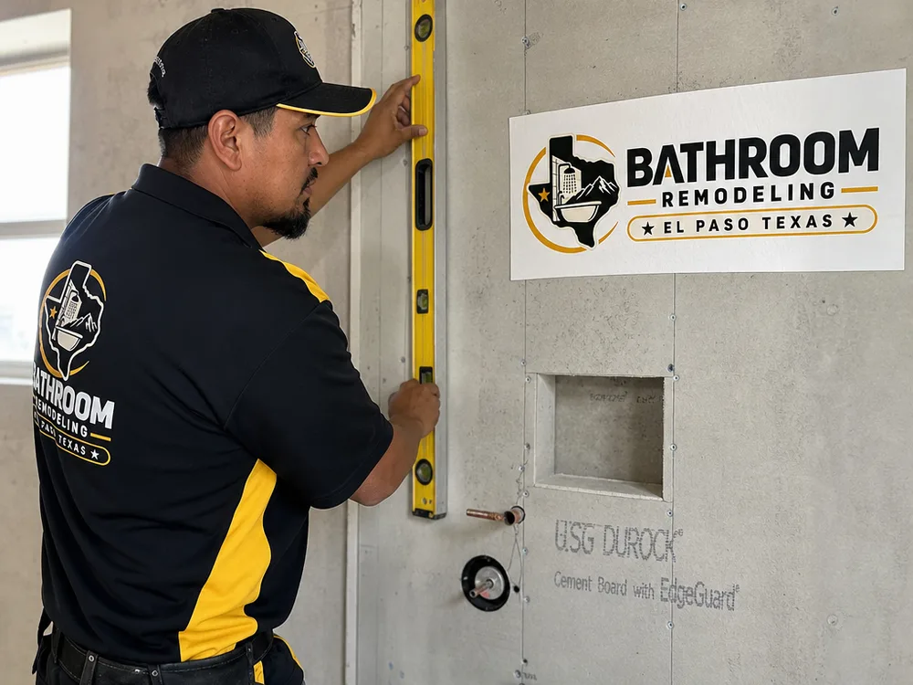 Remodeler measuring an exposed shower wall and reviewing a bathroom plan before tile installation