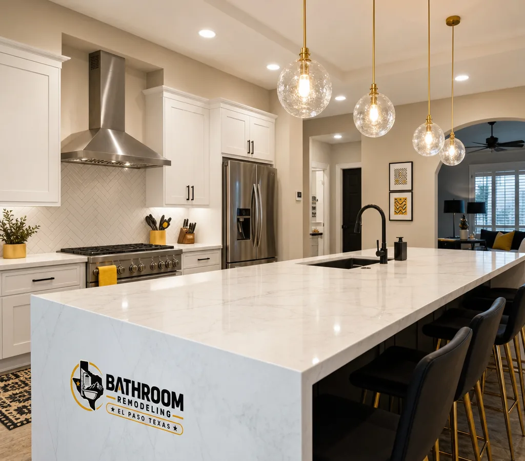Well-lit El Paso kitchen remodel with new cabinets, countertops, and lighting as a contractor and homeowner review layout notes at the island