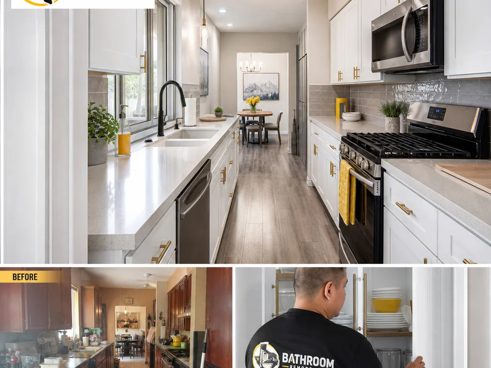 Kitchen island with seating, properly spaced pendant lights, and a finished flooring transition into an adjacent dining area