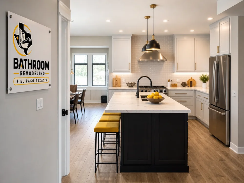 Before-and-after view of an older El Paso kitchen updated with ceiling-height cabinets, improved lighting, and a widened work zone near the range