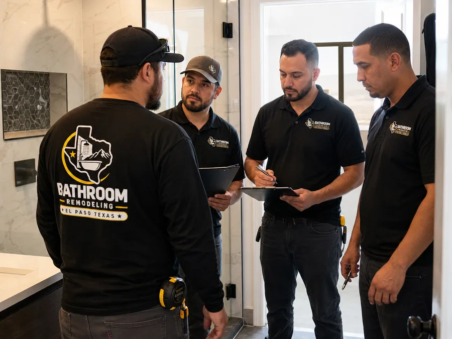 Bathroom remodeling crew in a clean work area with neatly staged tools and protective floor covering