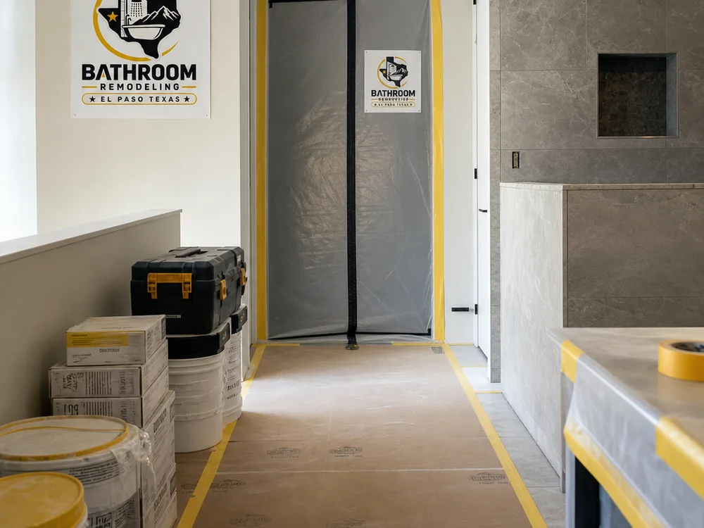 Organized remodeling workspace with protected flooring, contained dust barriers, labeled materials, and tools staged neatly for the day's tasks